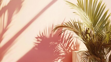 Sunlight casts dramatic shadows on a blush-toned wall, highlighting a palm.