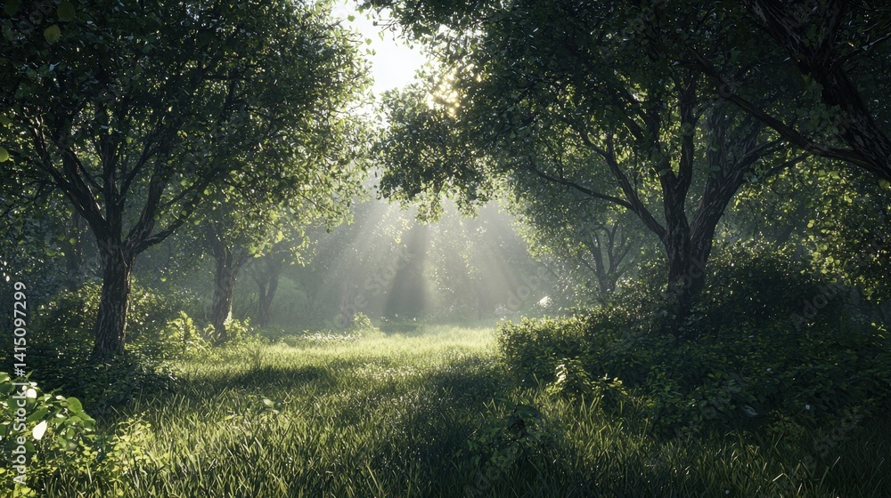 Poster soft sunlight streams through the canopy of trees in a peaceful forest clearing, casting gentle rays