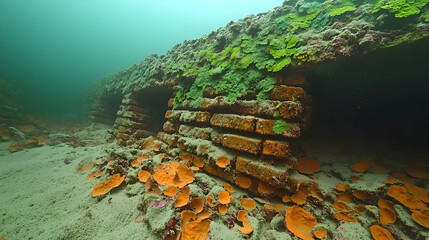 Underwater brick structure coated in colorful marine life submerged on the sandy ocean floor in greenish murky water