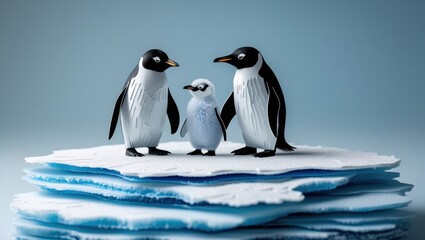 Fototapeta premium Adorable Penguin Family on Melting Iceberg Climate Change Concept