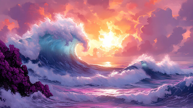 Vivid sunset seascape with crashing waves and a rocky outcrop suffused with shades of purple pink and gold creating