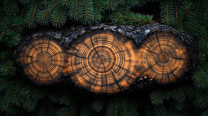 Fototapeta premium Wood slices framed by evergreen
