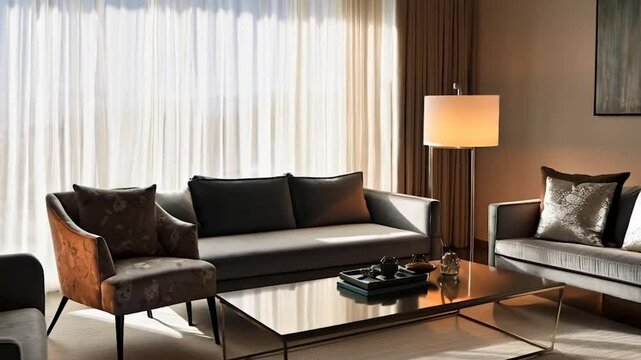 Modern Living Room Interior With Sofa, Armchair, Floor Lamp And Coffee Table