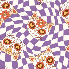 Seamless vector pattern with cute cat skulls and vintage flowers. Hand drawn floral calavera background. Spooky Halloween skull drawing.  EPS 10 vector file. Perfect for textile or print design.