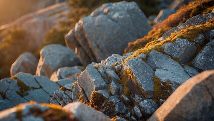 Sun-kissed mountain boulders covered in moss, creating a textured landscape, illuminated by soft light. Nature's rocky tapestry.