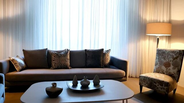 Modern Living Room Interior With Sofa, Armchair, Floor Lamp And Coffee Table