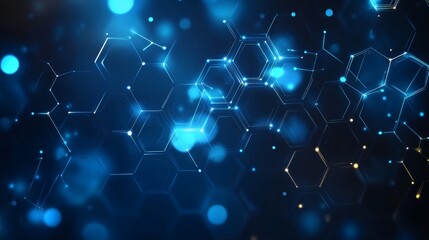 Blue tech background with luminous lines resembling data flow and translucent hexagons stacked in 3D 