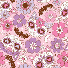 Seamless vector pattern with cute cat skulls and vintage flowers. Hand drawn floral calavera background. Spooky Halloween skull drawing.  EPS 10 vector file. Perfect for textile or print design.