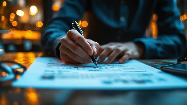 Focused Signature: A person meticulously signs a contract, pen in hand, as they finalize a crucial business agreement, showcasing a close-up perspective of dedication and precision.