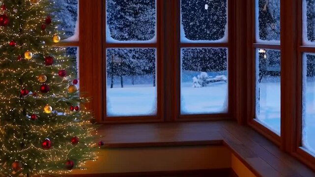 Ultra-realistic 4K UHD looped footage of a cozy Christmas fireplace at night. Crackling wood burns with glowing embers, casting warm flickering light on a rustic living room. 