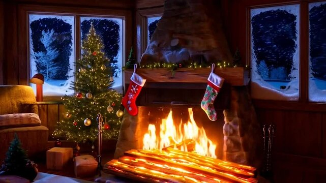 Ultra-realistic 4K UHD looped footage of a cozy Christmas fireplace at night. Crackling wood burns with glowing embers, casting warm flickering light on a rustic living room.