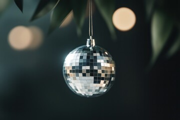Fototapeta premium Shiny disco ball decoration hanging with blurred background, festive and reflective surface