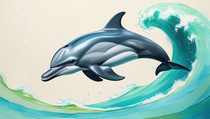 Obraz premium Elegant Dolphin Leaping Over Ocean Wave Aquatic Wildlife Painting Marine Art