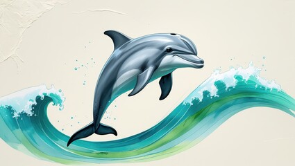 Obraz premium Elegant Dolphin Leaping Over Ocean Wave Artistic Watercolor Painting of Marine Wildlife