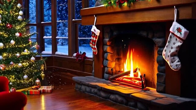 Ultra-realistic 4K UHD looped footage of a cozy Christmas fireplace at night. Crackling wood burns with glowing embers, casting warm flickering light on a rustic living room.