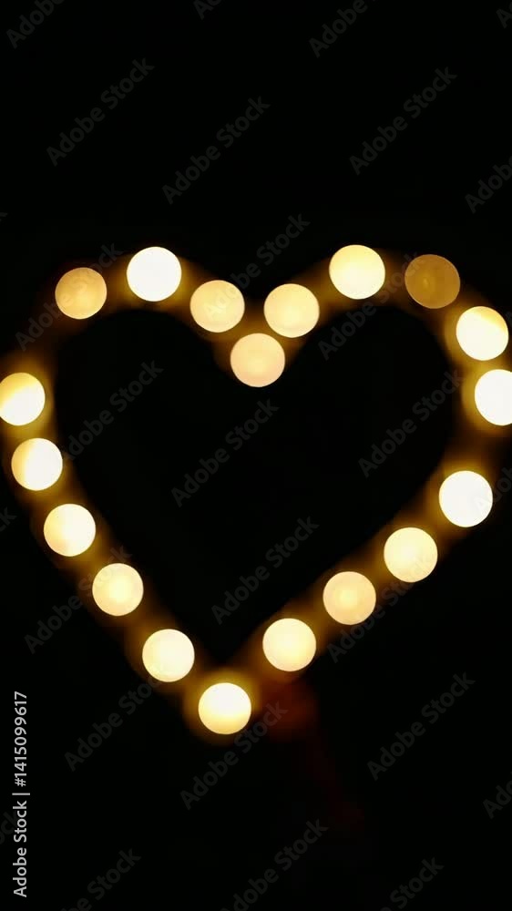 Poster glowing heart lights transitioning in dark background with golden bokeh effect