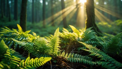 Sunlight Streaming Through Forest with Ferns