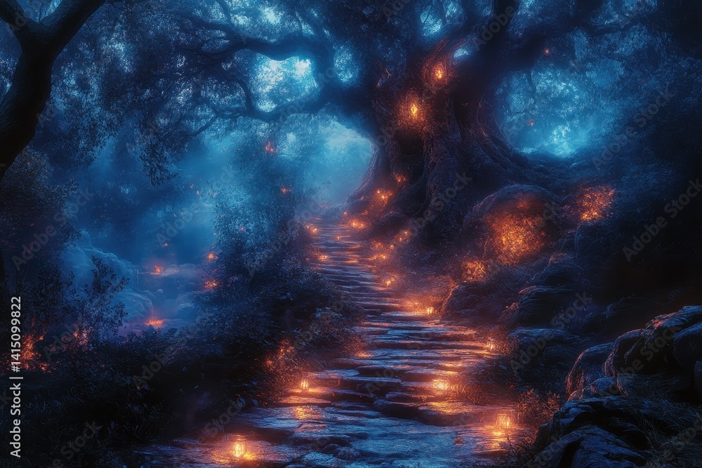 Poster enchanted pathway illuminated by glowing lights under an ancient tree at twilight