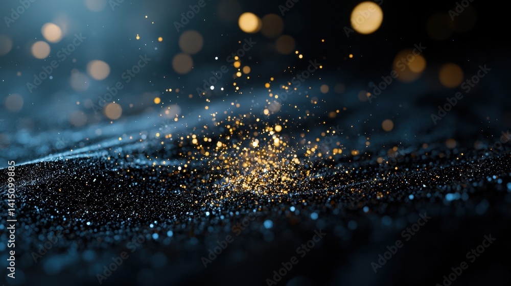 Poster golden particles swirl and glisten above a deep black surface, creating an enchanting contrast that 