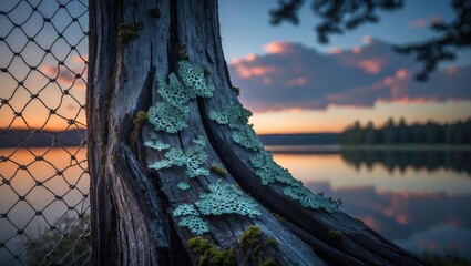 Obraz premium Tree Stump Covered with Lichen near a Peaceful Lake