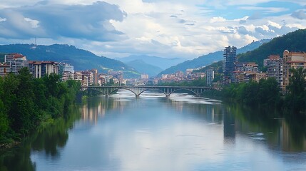 Obraz premium Picturesque view of Pamplona cityscape with Arga river and bridges
