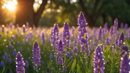 Obraz premium Purple Flowers Blooming in Field at Sunset with Dew