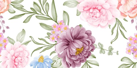 Watercolor Floral Seamless Pattern with Roses, Peonies, and Leaves