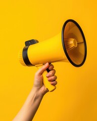 Person holding a vibrant yellow megaphone against a matching yellow background.