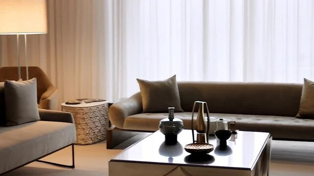 Modern Living Room Interior With Sofa, Armchair, Floor Lamp And Coffee Table