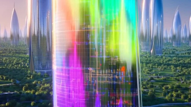 Futuristic city utilizing smart building technology showcasing energy consumption and efficiency data visualization. Promoting sustainable urban development and intelligent infrastructure management