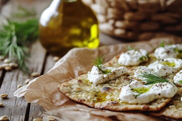Crispy barley flatbreads topped with whipped feta, fresh dill, and olive oil on brown paper