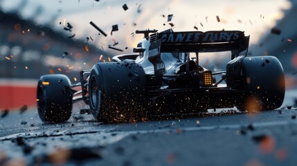 A powerful racing car speeds along the track, leaving a trail of dust and scattered debris. The intense atmosphere and setting sun create a dramatic backdrop to the high-speed action