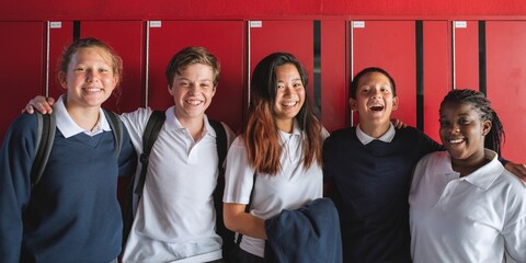 Group of diverse students in school uniforms smile at red school lockers. Happy diverse teens school friends, diversity in education. Group of diverse teens students in uniform smile at red locker