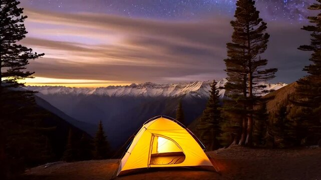 4K UHD seamless looping timelapse of a serene mountain camping scene at dusk. A cozy tent illuminated by warm lantern light, surrounded by towering pine trees, with a breathtaking view of snow-capped 