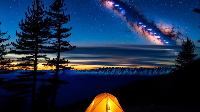 4K UHD seamless looping timelapse of a serene mountain camping scene at dusk. A cozy tent illuminated by warm lantern light, surrounded by towering pine trees, with a breathtaking view of snow-capped 