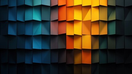 Fototapeta premium Bold geometric shapes create a visually captivating display with a gradient of colors from deep blue to vibrant yellow, showcasing modern abstract art in an artistic space