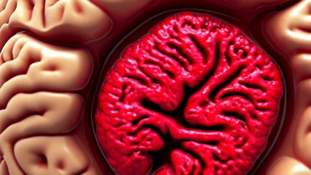 3D animation of a human brain rotating 360 degrees with the substantia nigra highlighted in red. The substantia nigra plays a key role in movement control and is associated with Parkinson's disease.