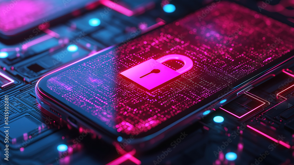 Poster smartphone and modern computer screen displaying a padlock, securing business and financial data