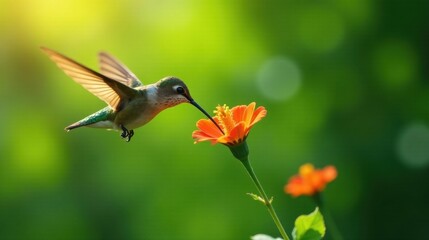 Fototapeta premium A tiny hummingbird in flight gracefully approaches a vibrant orange flower, its long beak extending to sip nectar, bathed in the warm glow of sunlight against a lush green backdrop.