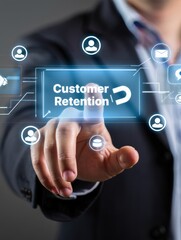 Hand Interacting with Sky Blue Holographic Retention Dashboard in Shadow Veil Tech Environment, Selective Focus, Copy Space