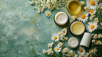 Natural skincare products surrounded by chamomile flowers.