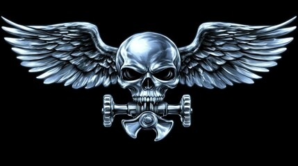 Metal skull with wings and wrench, menacing design
