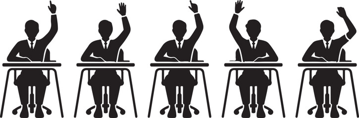  Black and white silhouettes of students sitting at desks with raised hands, ready to answer questions. Perfect for educational, classroom, and student engagement themes.