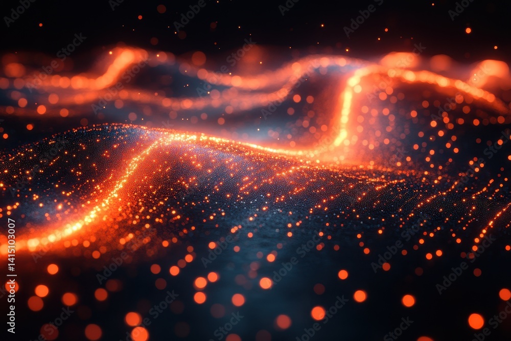 Poster colorful glowing particles create a vibrant abstract landscape with waves of light in a dark setting