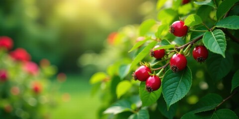Obraz premium Vibrant red berries glistening on lush green foliage, bathed in warm sunlight, creating a picturesque summer scene of natural beauty and abundant harvest.