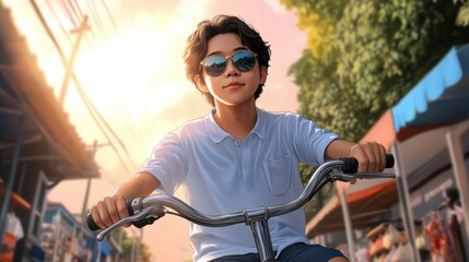 Fototapeta premium Side view of a teenage boy riding a bicycle taxi through a Southeast Asian street during summer