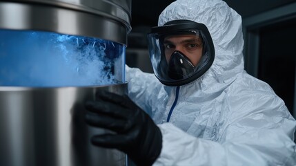 A technician in a full protective suit, gloves, and mask operates a cryogenic machine. The setting is a modern laboratory with blue light illuminating the equipment