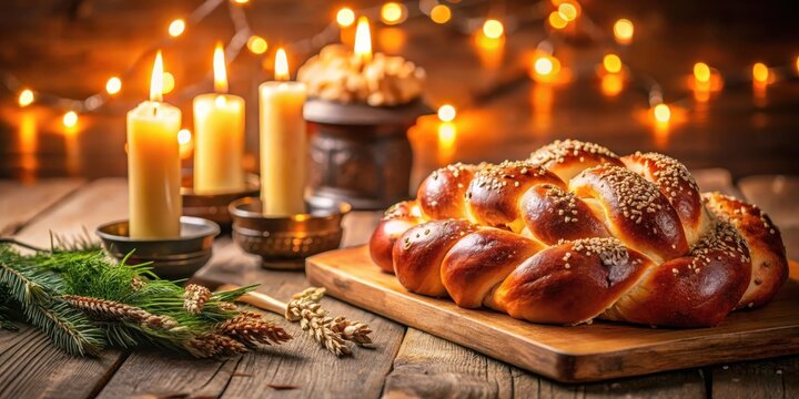 Freshly baked challah bread on a wooden table