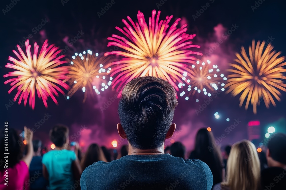 Poster man is watching fireworks with a group of people. the fireworks are bright and colorful, creating a 
