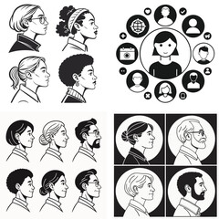 Set of people icons in black and white man and woman. Vector illustration of group of stylized people in black and whith.